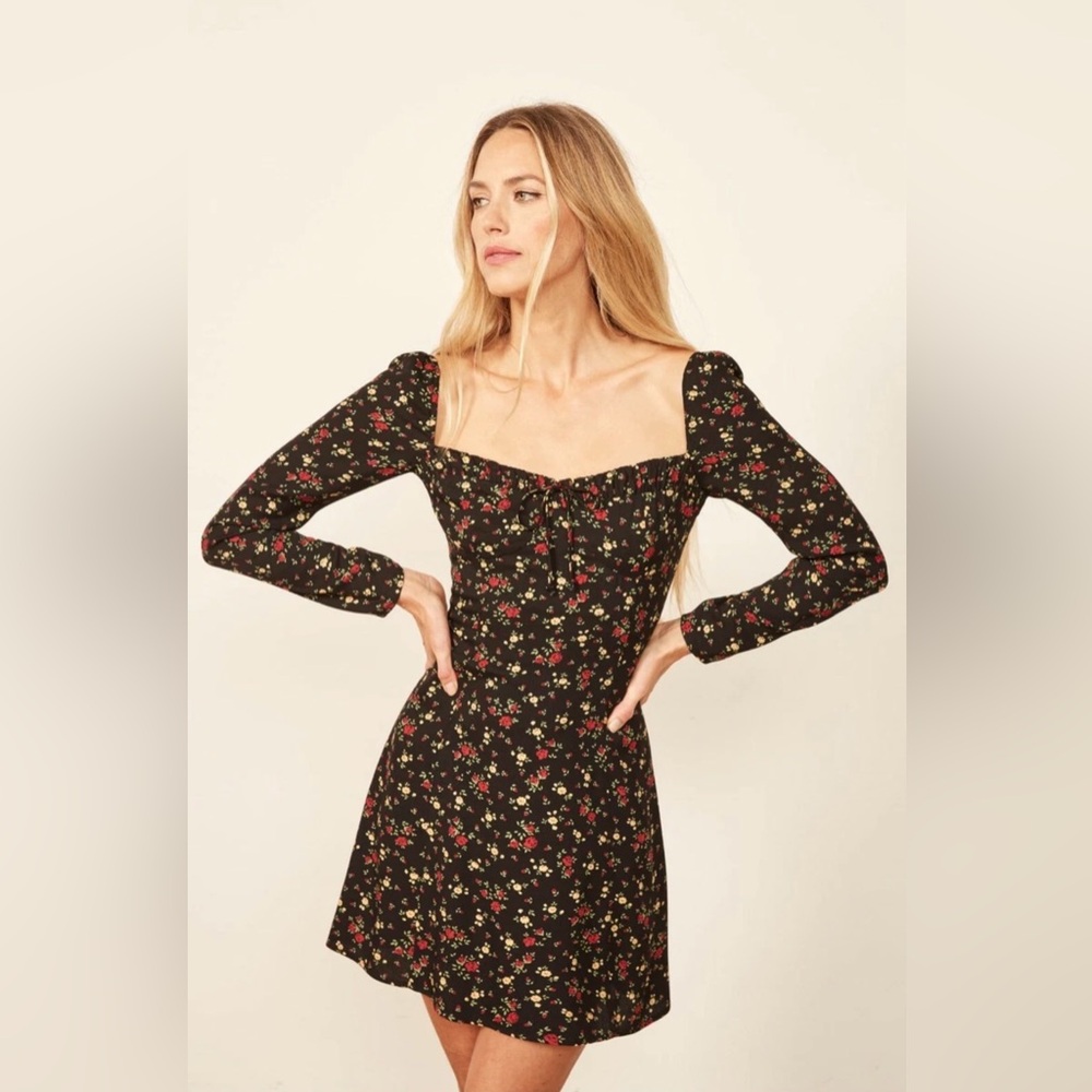 Reformation Black Floral Square-Neck Mini Dress